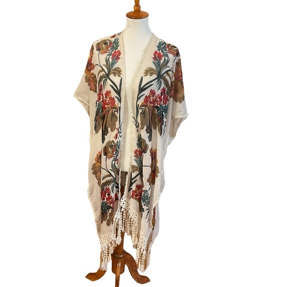 Woven Heart Floral Poncho Cover up Short Sleeve Kimono Size XL